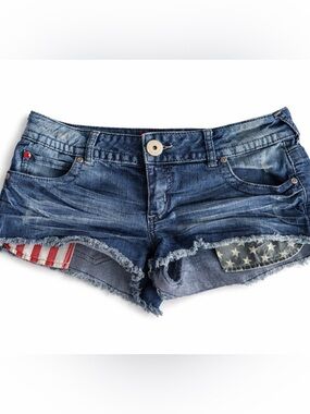 Rue21 American Flag Denim Shorts Low Rise Frayed Cutoff Patriotic Size 7/8